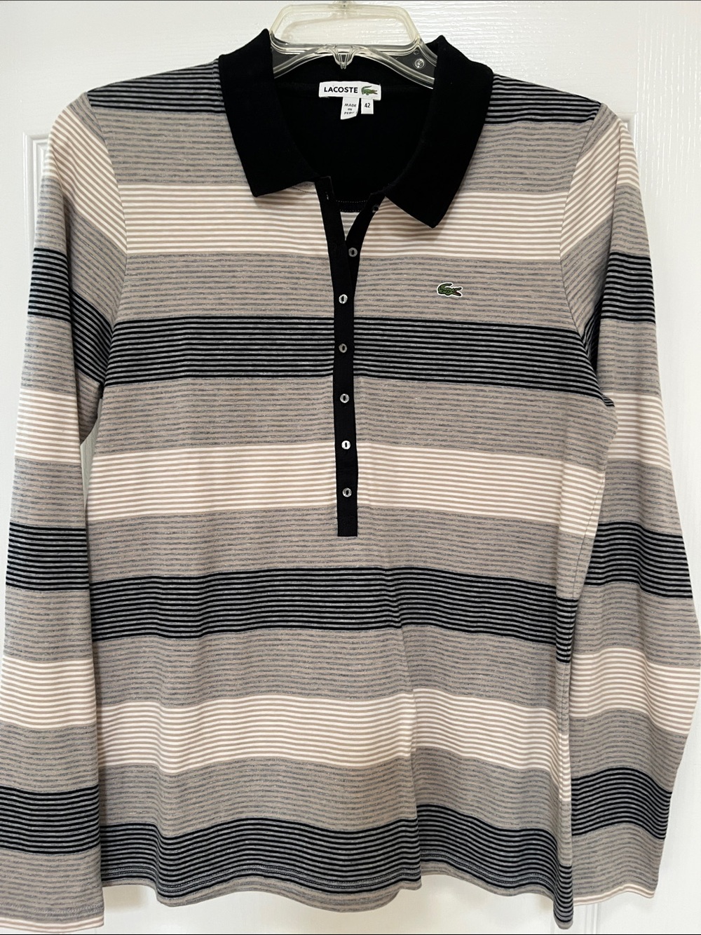 Lacoste Long-Sleeve Polo in Black, Gray & Cream Stripes, 42